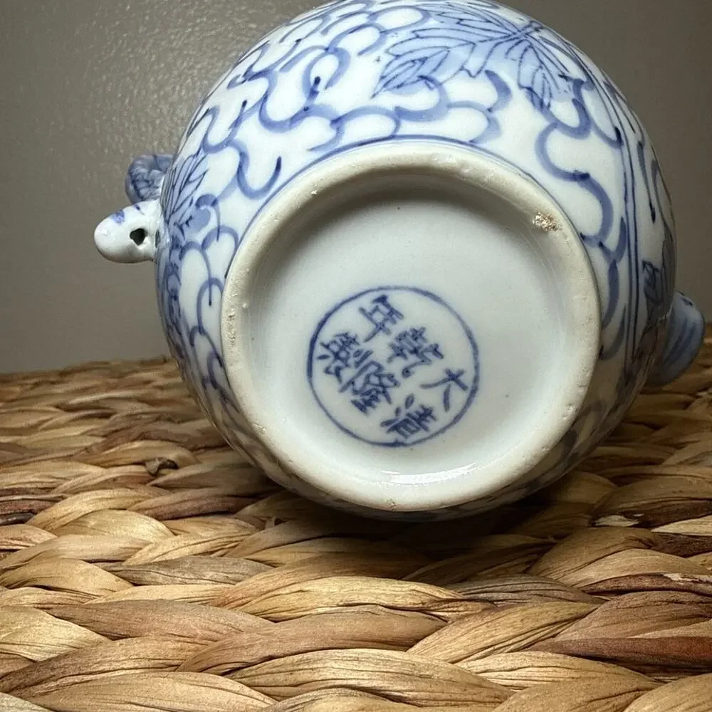 Vintage Chinese Blue White Porcelain Teapot Fish Motif Dragon Handle No Lid